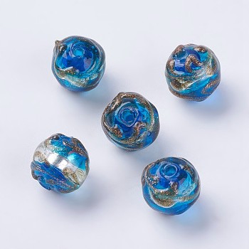 Handmade Silver Foil Lampwork Beads, with Gold Sand, Round, Dodger Blue, 12mm, Hole: 1mm