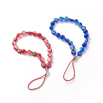 Evil Eye Beaded Phone Charm Crackle Glass Beaded Mobile Straps, with Nylon Cord, Mixed Color, 165mm