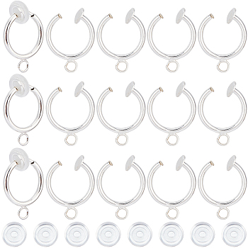 30Pcs Brass Clip-on Hoop Earring Findings, with Loop, with 30Pcs Silicone Pads, Silver, 17.5x13x1.5mm, Hole: 2.2mm, Pin: 0.7mm