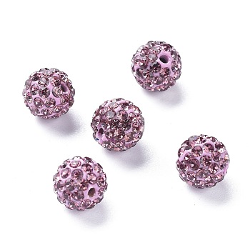 Pave Disco Ball Beads, Polymer Clay Rhinestone Beads, Grade A, Round, Light Amethyst, PP14(2~2.1mm), 10mm, Hole: 1.0~1.2mm