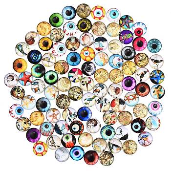 100Pcs 5 Styles Glass Cabochons, Flat Round with Pattern, Mixed Color, 20pcs/style