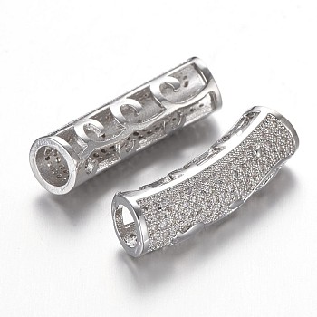 Brass Micro Pave Cubic Zirconia Tube Beads, Large Hole Beads, Clear, Platinum, 25.1x8.6x7.5mm, Hole: 4.5mm