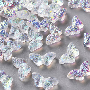 Transparent Glass Beads, with Glitter Powder, AB Color Plated, Butterfly, Clear AB, 8x15x4.5mm, Hole: 1mm