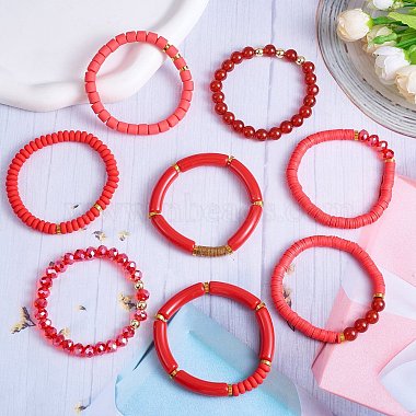 8Pcs 8 Style Natural Red Agate & Glass & Polymer Clay Heishi Surfer Stretch Bracelets Set(BJEW-SW00083)-2