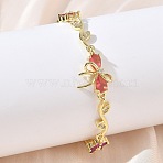 Brass Micro Pave Cubic Zirconia Link Chain Bracelets for Women, Flower & Bowknot, Long-Lasting Plated, Rack Plating, Cadmium Free & Lead Free, Real 18K Gold Plated, Fuchsia, 5.51 inch(14cm), Bowknot: 13x18x5mm(BJEW-C156-04E-03G)