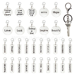 30Pcs Alloy Pendant Decoration, with Alloy Lobster Claw Clasps, Flat Round & Rectangle with Word, Antique Bronze & Platinum, 32~34mm(HJEW-DC00028)