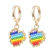 Rainbow Color Japanese Seed Braided Heart Dangle Hoop Earrings, Brass Jewelry for Women, Colorful, 34mm, Pin: 1mm(EJEW-MZ00004)