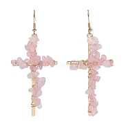 Natural Rose Quartz Cross Dangle Earrings, with Alloy and Brass Wire Jewelry for Women, Golden, 83x35.5mm(EJEW-Z071-01G-01)