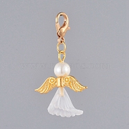 Guardian Angel Pendant Decorations, with Acrylic, Glass Pearl Beads, Light Gold Plated Zinc Alloy Lobster Claw Clasps and Alloy Beads, White, 39mm(X-HJEW-JM00383-01)