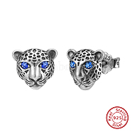 925 Sterling Silver Micro Pave Cubic Zirconia Stud Earrings, Leopard, Antique Silver, 11x12mm(STER-P065-06AS)