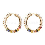 Glass Beads Braided Big Hoop Earrings, 304 Stainless Steel Wire Wrap Jewelry for Women, Golden, Colorful, 48x48.5x9mm, Pin: 1.1x0.6mm(EJEW-JE04848-05)