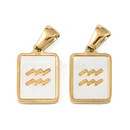 Constellations Natural White Shell Pendants, Ion Plating(IP) 304 Stainless Steel Rectangle Charms, Real 18K Gold Plated, Aquarius, 16x10.5x1.5mm, Hole: 5x3mm(STAS-M338-01A-G)