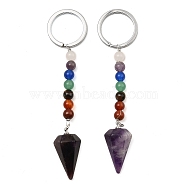 Natural Amethyst Cone Pendant Keychain, with 7 Chakra Gemstone Beads and Platinum Tone Brass Findings, 108mm(G-Z033-08P-03)