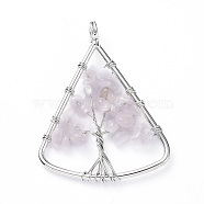 Long-Lasting Plated Brass Pendants, Wire Wrapped Pendants, with Natural Rose Quartz Chips, Triangle with Tree, Platinum, 39~40x30~31x4~8mm, Hole: 4.5mm(KK-D531-02P-01)