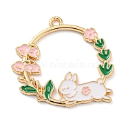 Alloy Enamel Pendants, Golden, Ring with Flower Charm, Rabbit, 29x30x1.5mm, Hole: 2mm(FIND-G064-22G-02)