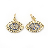 Brass Micro Pave Cubic Zirconia Charms, with Jump Rings, Horse Eye, Blue & Clear, Golden, 11x14x1.5mm, Hole: 3mm(KK-I658-66)