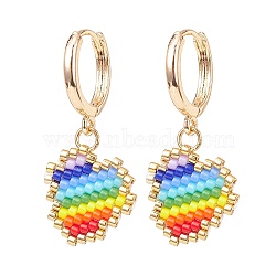 Rainbow Color Japanese Seed Braided Heart Dangle Hoop Earrings, Brass Jewelry for Women, Colorful, 34mm, Pin: 1mm(EJEW-MZ00004)