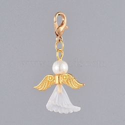 Guardian Angel Pendant Decorations, with Acrylic, Glass Pearl Beads, Light Gold Plated Zinc Alloy Lobster Claw Clasps and Alloy Beads, White, 39mm(X-HJEW-JM00383-01)