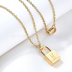 304 Stainless Steel Rolo Chain Pendant Necklaces, Padlock Necklaces for Women Men, Locks with Letter, Letter H, 17.64 inch(44.8cm)(NJEW-S444-01G-08)