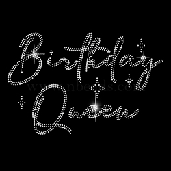 Word Birthday Queen Glass Hotfix Rhinestone, Iron on Appliques, Costume Accessories, for Clothes, Bags, Pants, Silver, 297x210mm(DIY-WH0303-094)