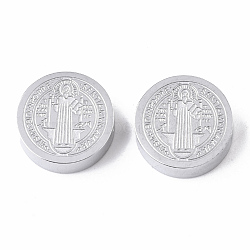 Tarnish Resistant 304 Stainless Steel Beads, Flat Round with Saint Benedict Medal, Stainless Steel Color, 7.5x3mm, Hole: 2mm(X-STAS-S079-169C-P)