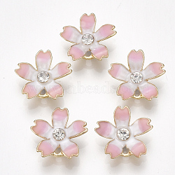 Alloy Charms, with Enamel and Rhinestone, Sakura, Crystal, Light Gold, Pink, 14x15x3mm, Hole: 1.2mm(X-PALLOY-S177-11D)