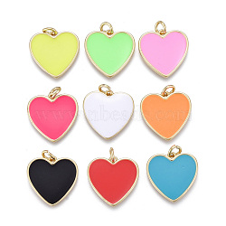 Brass Enamel Pendants, with Jump Rings, Long-Lasting Plated, Real 18K Gold Plated, Heart, Mixed Color, 17x17x2mm, Jump Rings: 5x1mm, Inner Diameter: 3mm(ZIRC-M108-40-G)