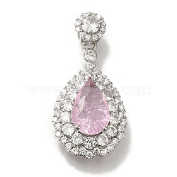 Teardrop Rack Plating Brass Micro Pave Cubic Zirconia Pendant, with Glass Rhinestone, Lead Free & Cadmium Free, Long-Lasting Plated, Platinum, Pearl Pink, 27x16x8mm, Hole: 3mm(KK-H485-20P-02)