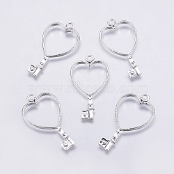 Alloy Open Back Bezel Pendants, For DIY UV Resin, Epoxy Resin, Pressed Flower Jewelry, Heart Key, Silver Color Plated, 42.5x23x2mm, Hole: 3mm, Inner Diameter: 18x20.5mm(PALLOY-P163-08S)