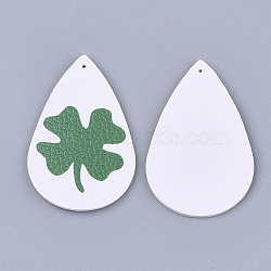 PU Leather Big Pendants, teardrop, with Clover Pattern, Irish Charms, White, 56x37x1.5mm, Hole: 1.2mm(FIND-S311-007C-A)