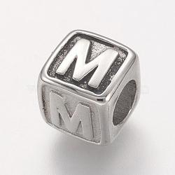 Tarnish Resistant 304 Stainless Steel European Beads, Horizontal Hole, Large Hole Beads, Cube with Letter.M, 8x8x8mm, Hole: 4mm(STAS-G134-01P-M)