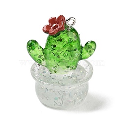 Transparent Resin Plant Pendants, Potted Cactus Charms with Platinum Tone Iron Loops, Green, 33x25x23mm, Hole: 2mm(RESI-Z028-04A)