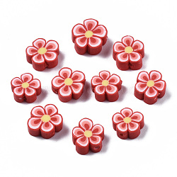 Handmade Polymer Clay Beads, Flower, Red, 7~10x7~11x3~5mm, Hole: 1.6mm(X1-CLAY-S096-006E)