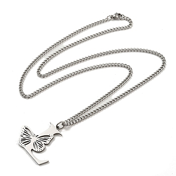 201 Stainless Steel Necklace, Letter L, 23.74 inch(60.3cm) p: 30.5x34x1.3mm