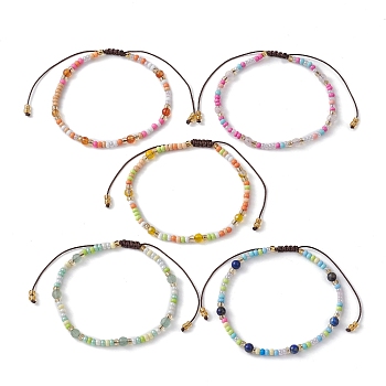 Natural Mixed Gemstone & Glass Seed Braided Bead Bracelet, Nylon Adjustable Bracelet, Inner Diameter: 2~3-1/2 inch(5.2~8.8cm)