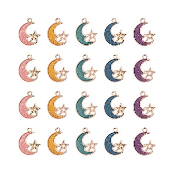 100pcs 5 Color Alloy Enamel Pendants, Moon with Star, Light Gold, Mixed Color, 19.5x15.5x1.5mm, Hole: 1.8mm, 20pcs/color