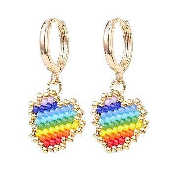 Rainbow Color Japanese Seed Braided Heart Dangle Hoop Earrings, Brass Jewelry for Women, Colorful, 34mm, Pin: 1mm