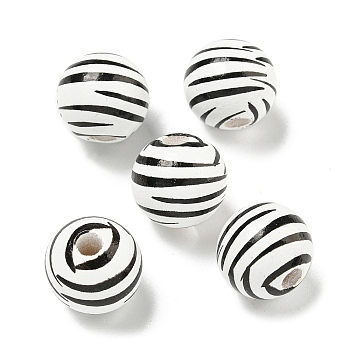 Printed Wood European Beads, Round with Stripe Pattern, Black, 15.5~16mm, Hole: 4~4.5mm