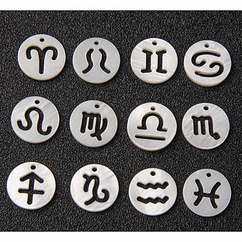Natural Freshwater Shell Charms, Hollow, 12 Constellation/Zodiac Sign, Flat Round, 12 Chinese Zodiac Signs, 12mm, 12pcs/set