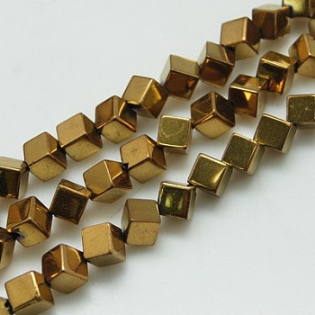 Non-magnetic Synthetic Hematite Beads Strands, Rhombus, Golden Plated, 4x4x4mm, Hole: 1mm, 15.7 inch