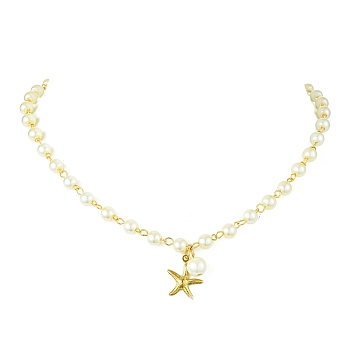 304 Stainless Steel Starfish Charms Necklace, ABS Imitation Pearl for Women, Golden, 15.55 inch(39.5cm)