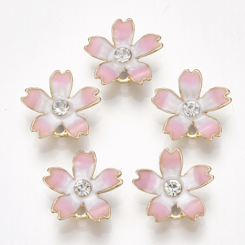 Alloy Charms, with Enamel and Rhinestone, Sakura, Crystal, Light Gold, Pink, 14x15x3mm, Hole: 1.2mm