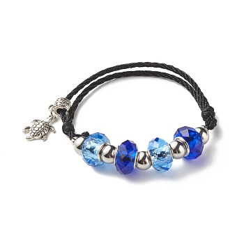 Faceted Glass European Beads Cord Bracelet, Turtle Charm Adjustable Bracelet for Teen Girl Women, Antique Silver, Blue, Inner Diameter: 2-1/8~3-1/2 inch(5.3~9cm)