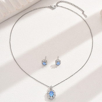 Elegant Vintage Micro Pave Cubic Zirconia Oval Necklace & Stud Earrings Set for Women, Platinum