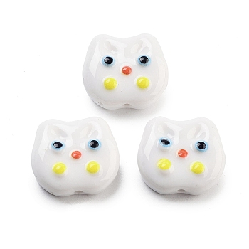 Opaque Acrylic With Enamel Beads, Cat, White, 15x17x6mm, Hole: 1.8mm