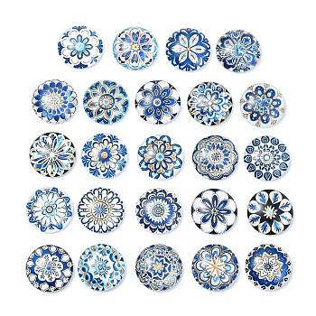 24Pcs Glass Cabochons, Round with Flower, Mixed Color, 25x25x7mm