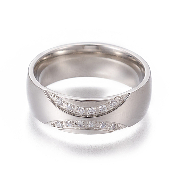 304 Stainless Steel Finger Rings, with Cubic Zirconia, Wide Band Rings, Clear, Stainless Steel Color, Size 6~9, 16~19mm