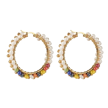 Glass Beads Braided Big Hoop Earrings, 304 Stainless Steel Wire Wrap Jewelry for Women, Golden, Colorful, 48x48.5x9mm, Pin: 1.1x0.6mm