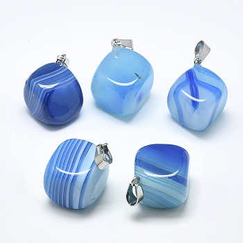Natural Banded Agate/Striped Agate Pendants, Dyed, with Stainless Steel Snap On Bails, Cube, Stainless Steel Color, Sky Blue, 24~29x19~25x17~25mm, Hole: 3~4x7~8.5mm