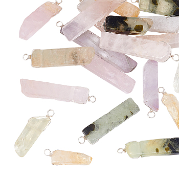 20Pcs Natural Mixed Quartz Pendants, Twisted with Silver Tone Copper Wire, Rectangle Charm, 35.5~53x9~11x6~8.5mm, Hole: 3~4mm